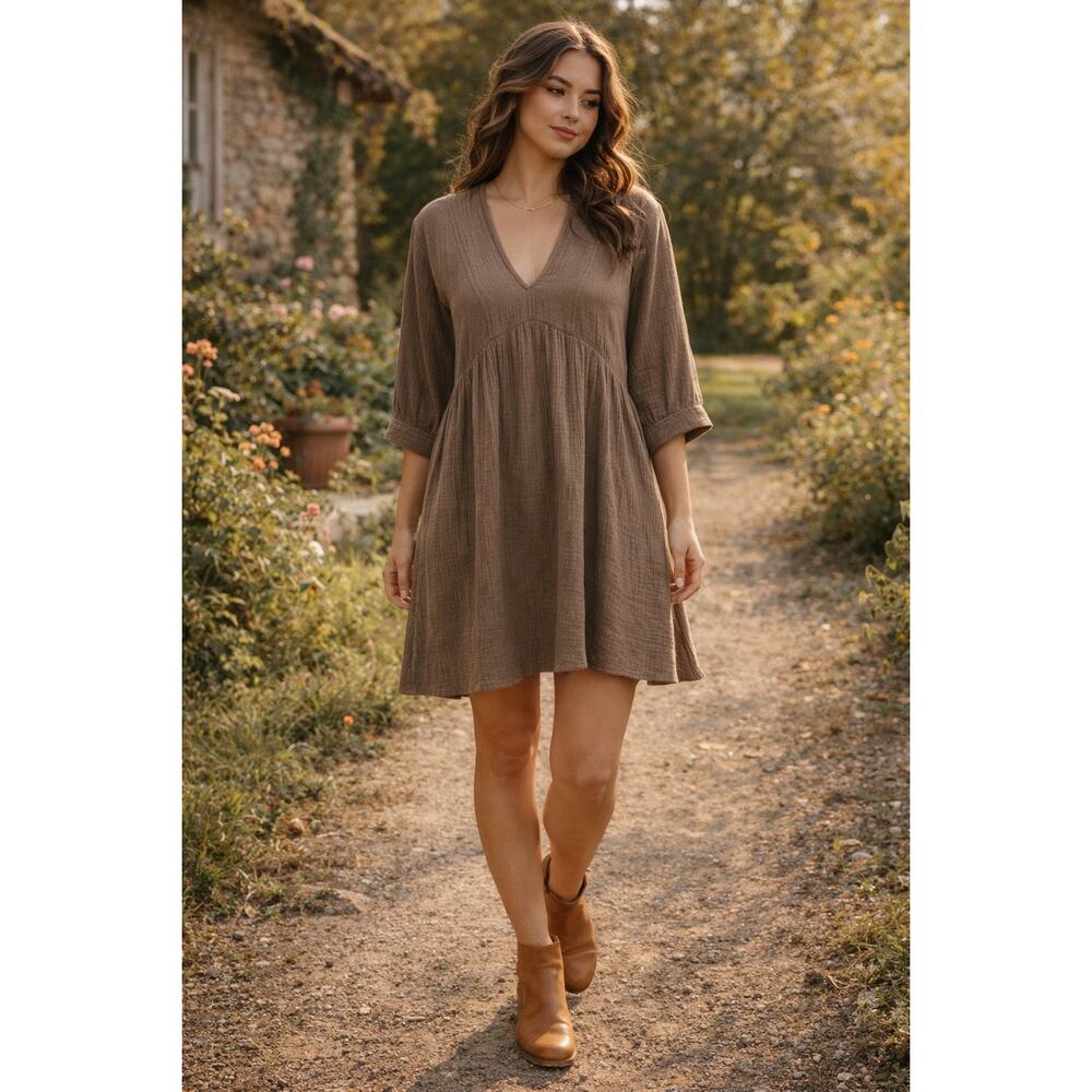 Madewell Cotton Gauze Babydoll Dress Taupe Brown XS Minimalist Cowgirl